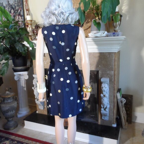 Kate Spade Navy Blue Multi Polka Dot Belted A Line Dress w/Front Ruffle Size 0 - Picture 15 of 16